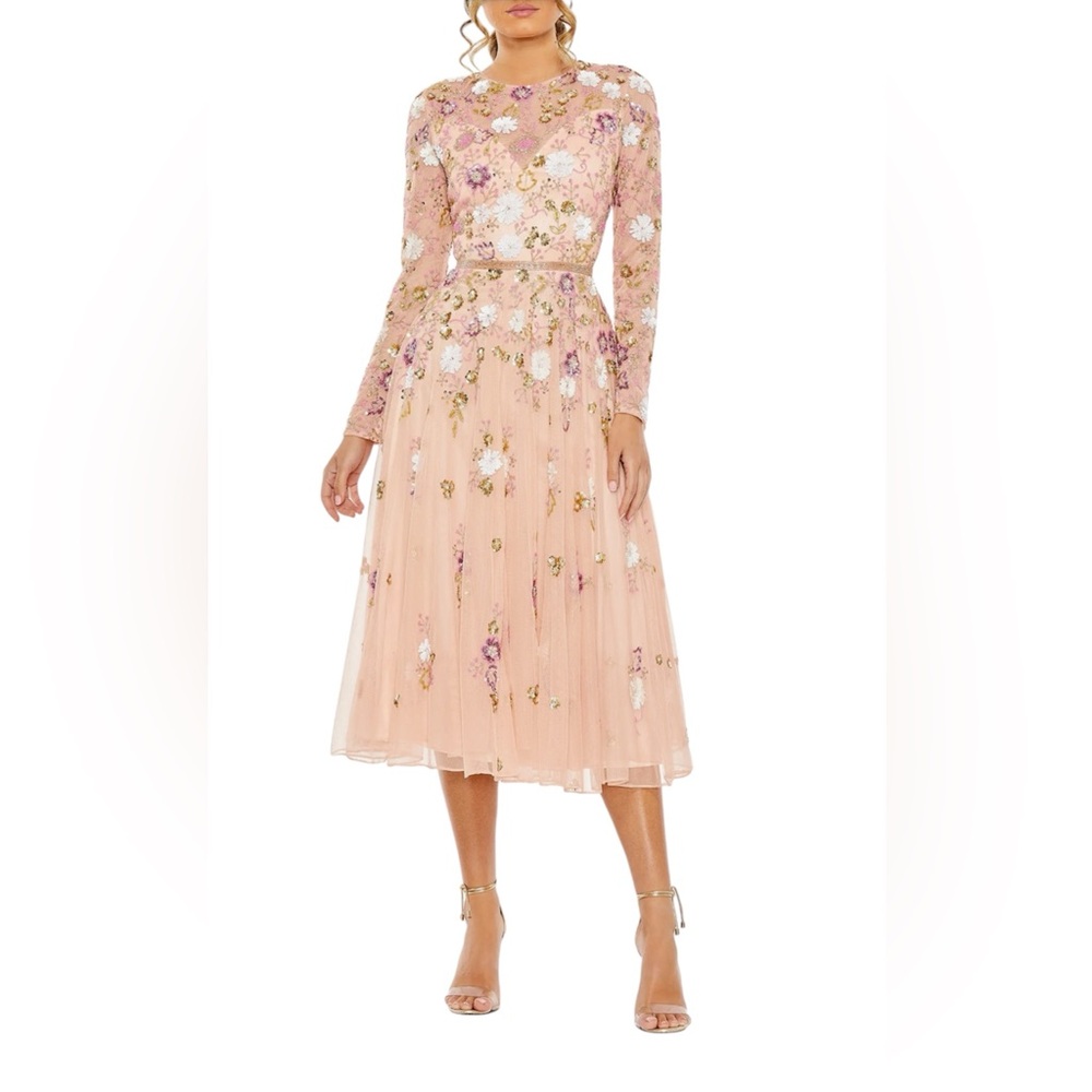 Mac Duggal Floral Long Sleeve Dress - Pink and White
